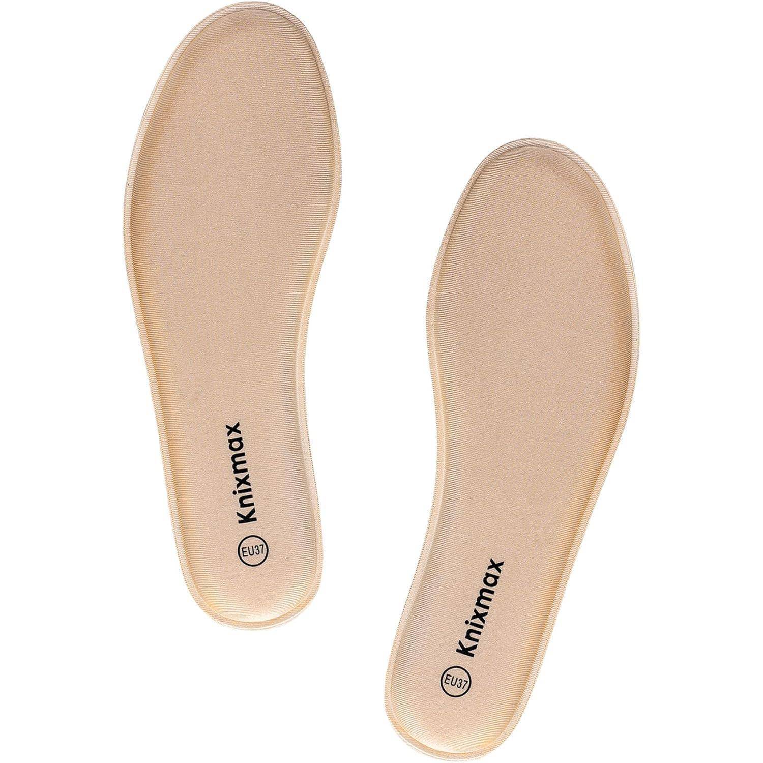 Zwei beige Schuheinlagen von Knixmax, mit 'EU37' gekennzeichnet, nebeneinander liegend, entwickelt für Fußstützung und Polsterung.