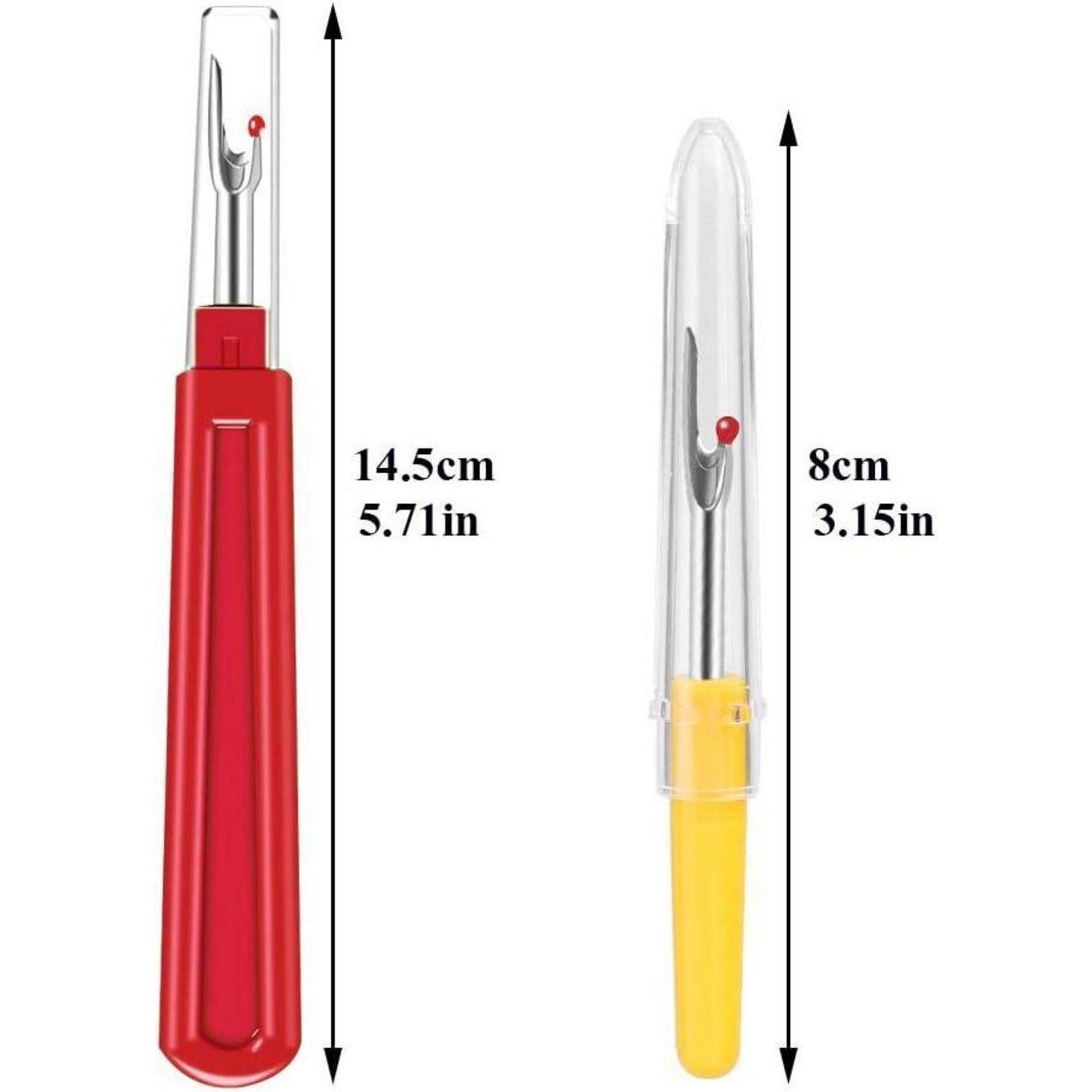 Bild zeigt zwei Nahttrenner: einen mit rotem Griff mit einer Länge von 14,5 cm (5,71 Zoll) und einen mit gelbem Griff mit einer Länge von 8 cm (3,15 Zoll), beide mit Schutzkappe.