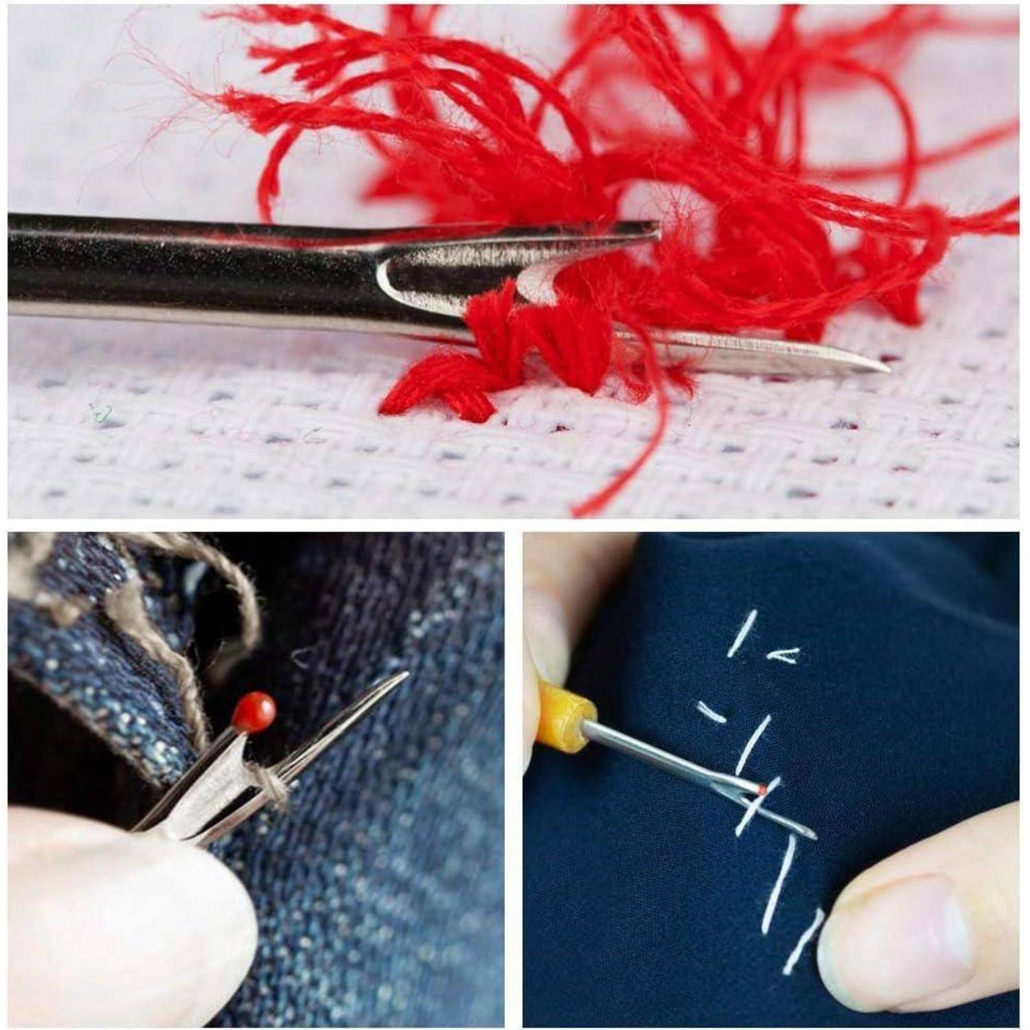 Oben: Ein Nahttrenner entfernt roten Faden von weißem Stoff. Unten links: Eine Nadel befestigt braunen Faden auf Denim. Unten rechts: Eine Nadel näht weiße Stiche auf blauem Stoff.