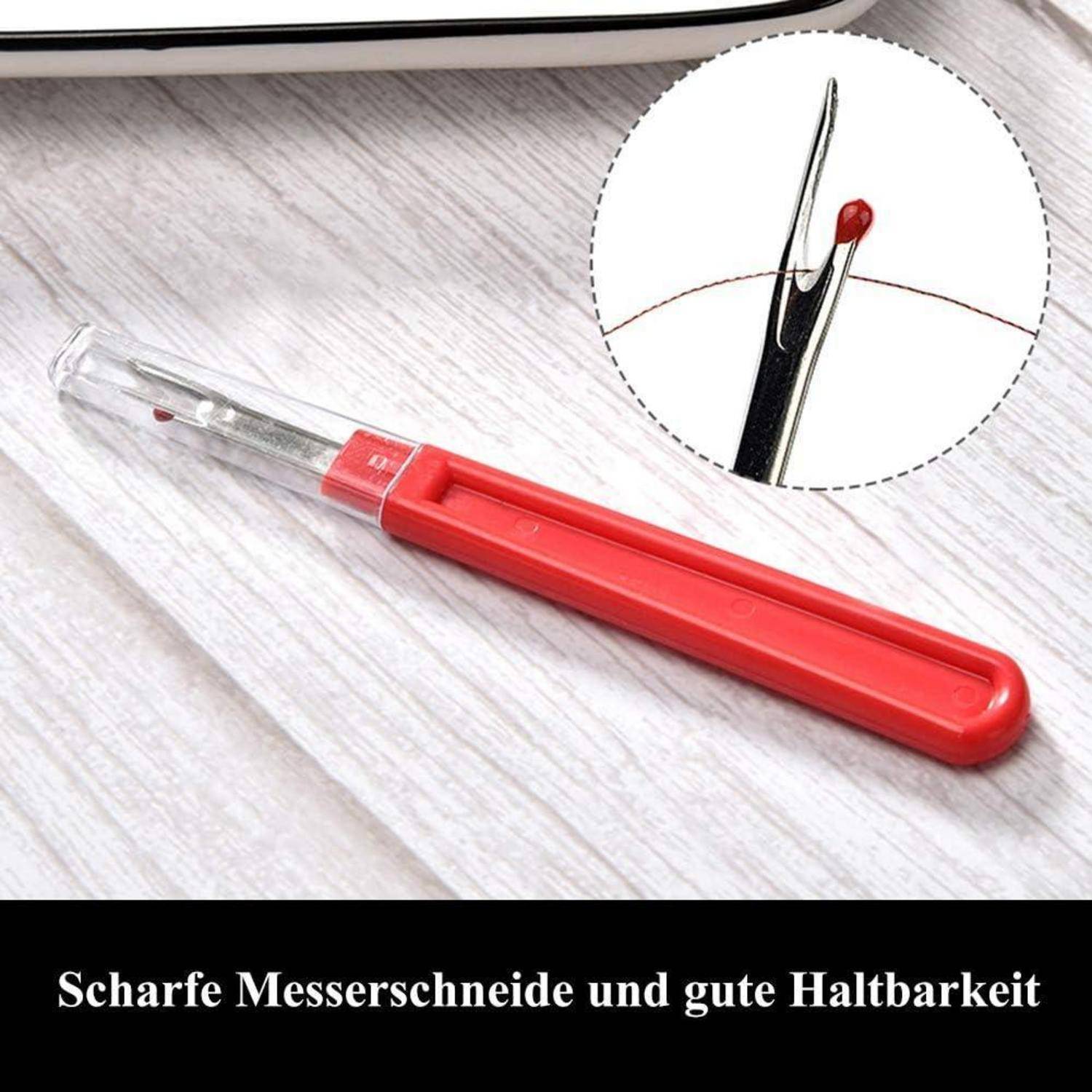 Ein Nahttrenner mit einem roten Griff und Schutzabdeckung wird gezeigt. Eingesetzte Bilddetails heben seine scharfe Metallklinge hervor. Deutscher Text lautet: 'Scharfe Messerschneide und gute Haltbarkeit'.