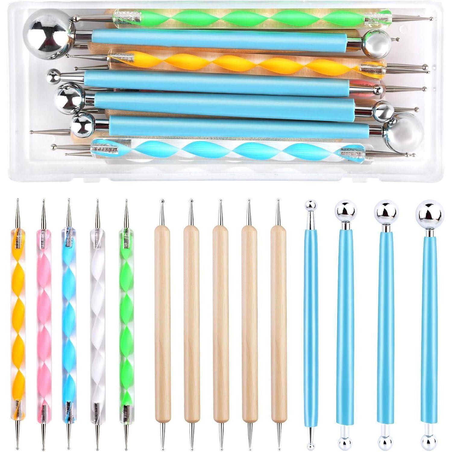 Eine Sammlung verschiedener Punktierwerkzeuge in leuchtenden Farben mit Metalltipps, die für Kunsthandwerk und Nageldesign verwendet werden, angeordnet in einem Kunststoffhalter.