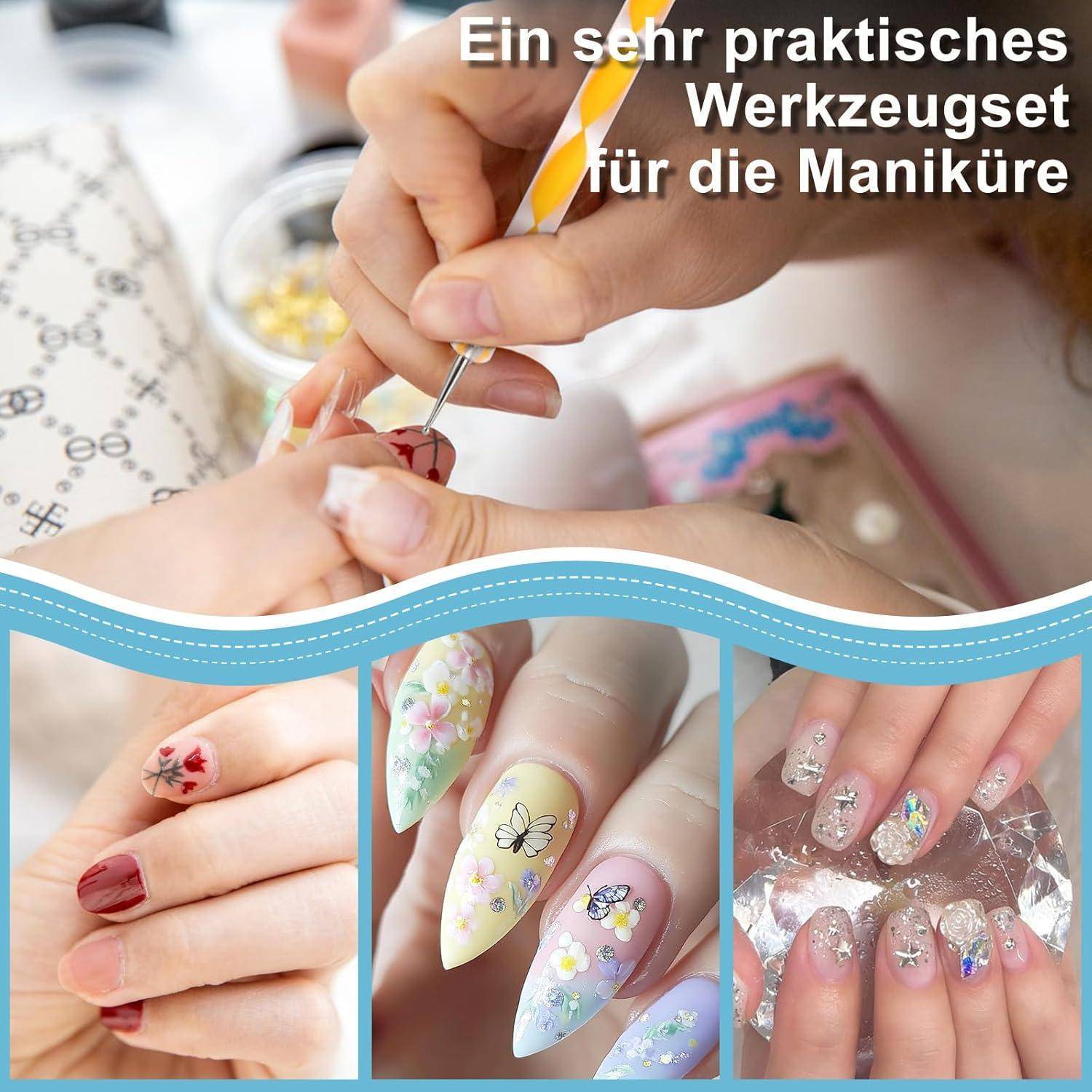 Ein praktisches Werkzeug für die Maniküre. Das Bild zeigt jemanden, der ein Nagelwerkzeug verwendet, mit Nahaufnahmen von kunstvollen Nageldesigns mit Blumen- und Schmetterlingsmustern.