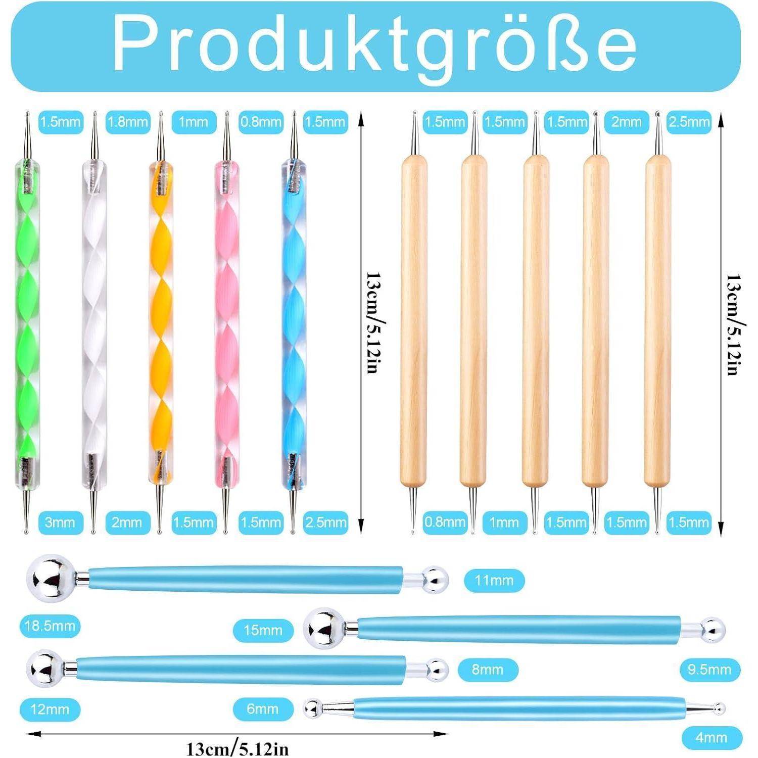 Der 'Crafteee Set Produktgröße' zeigt Häkelnadeln und blaue Werkzeuge mit Größenetiketten, die von 1mm bis 18mm reichen, und Abmessungen von 13cm/5,12in.
