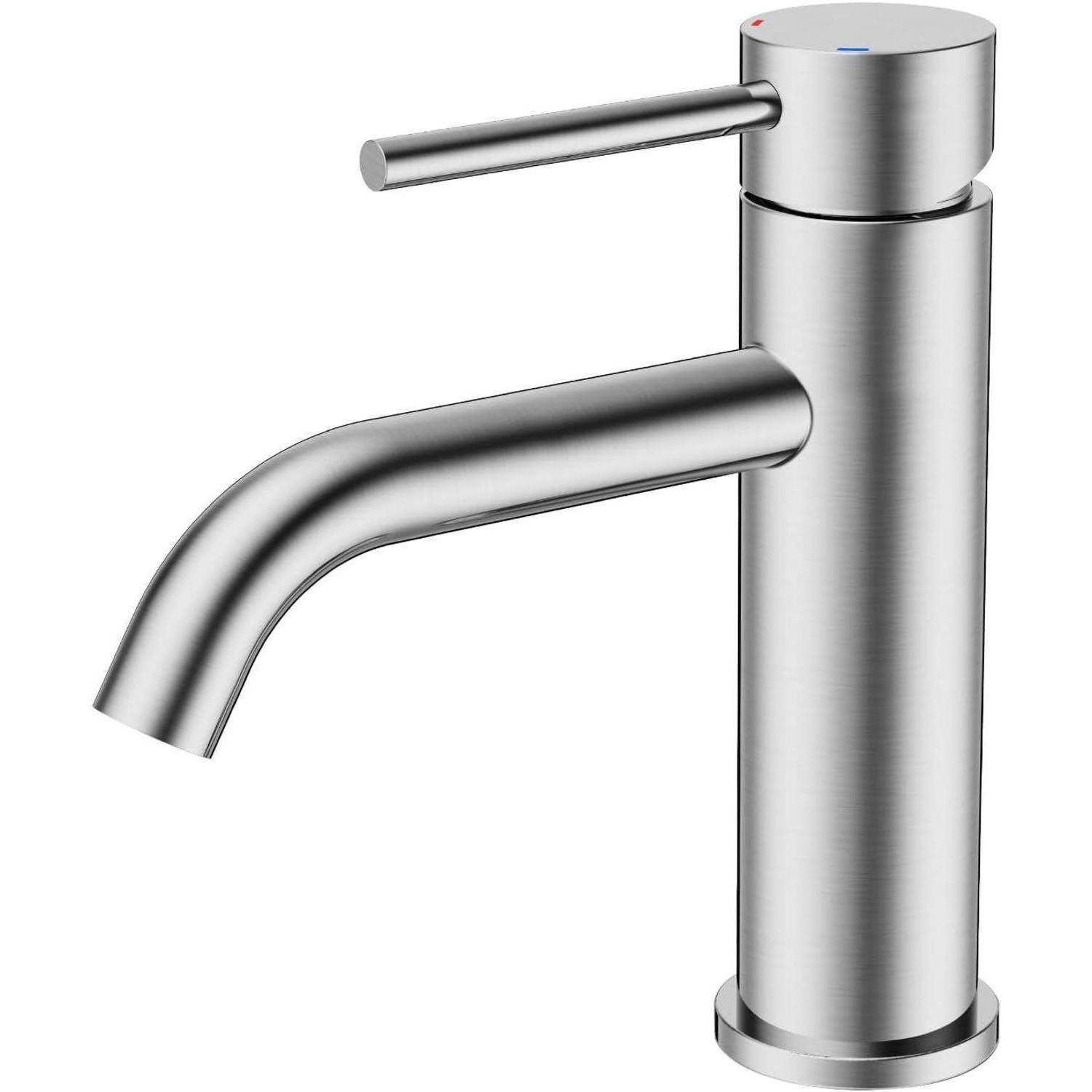 Elegante, moderne silberne Armatur mit zylindrischer Basis und einem einzelnen Hebel, konzipiert für ein zeitgenössisches Badezimmer.