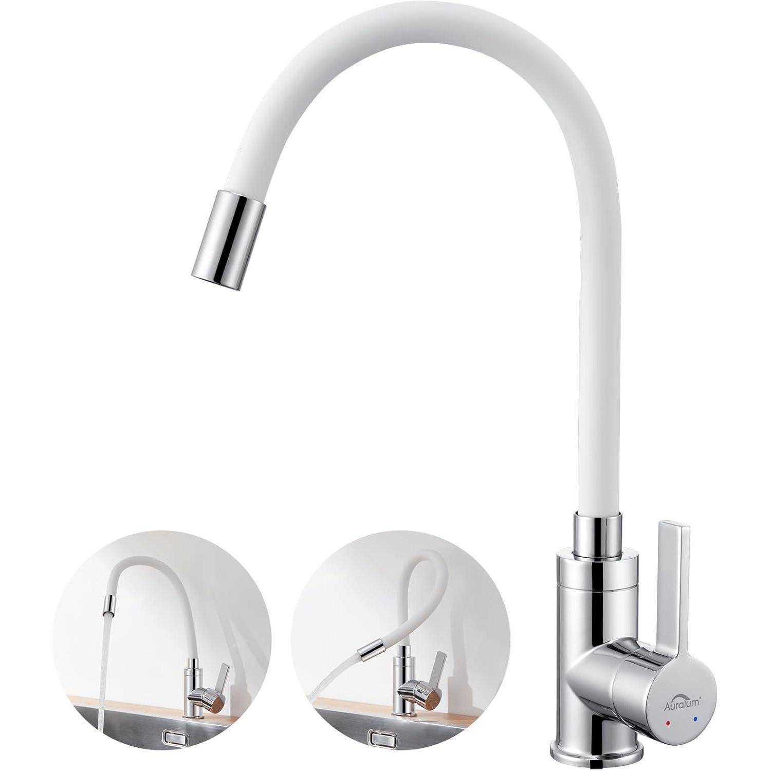 Ein moderner Küchenhahn mit einem hohen Auslauf und Einhandhebelgriff, in drei Ansichten, die sein flexibles Halsdesign hervorheben.