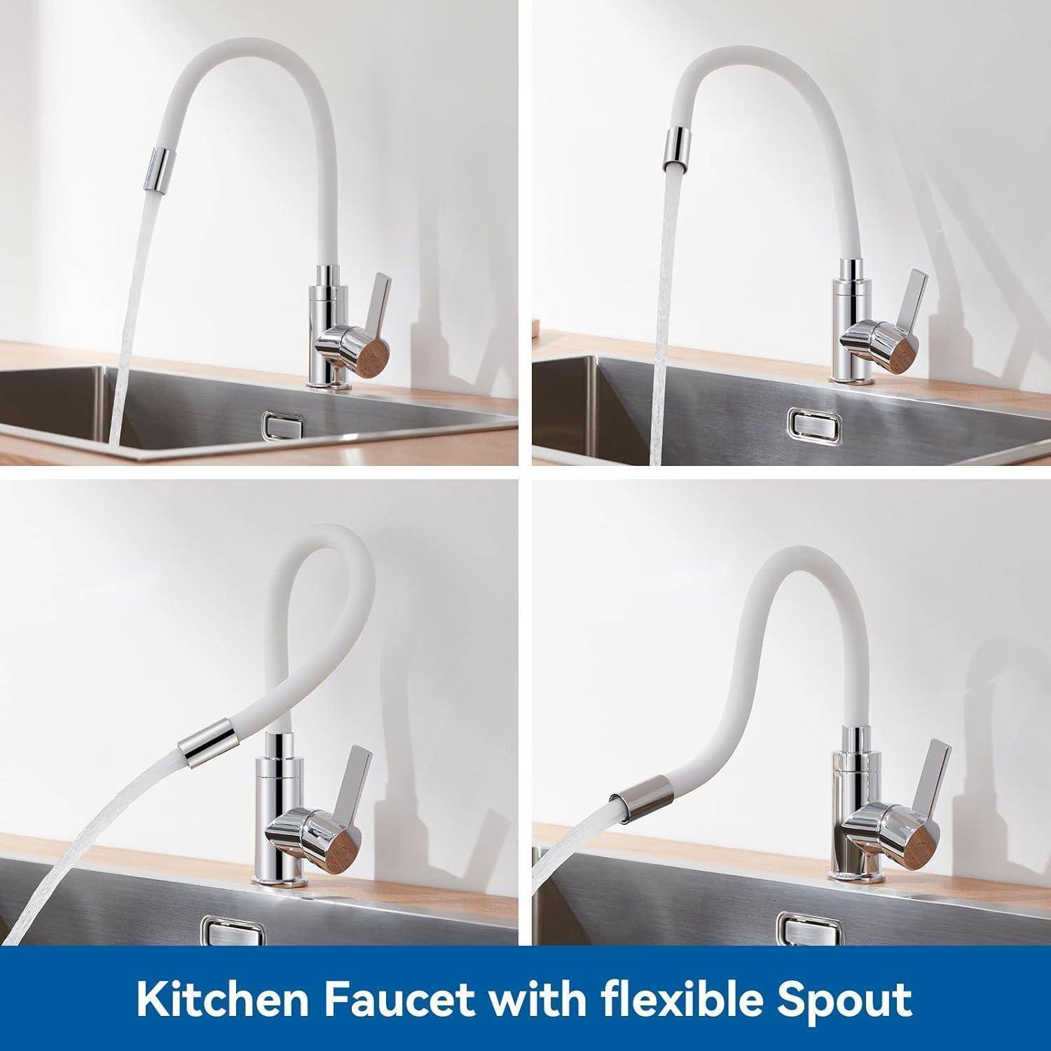 Wasserhahn für die Küche mit flexiblem Auslauf wird in vier Bildern gezeigt, die verschiedene Positionen des Auslaufs über einem Waschbecken darstellen.