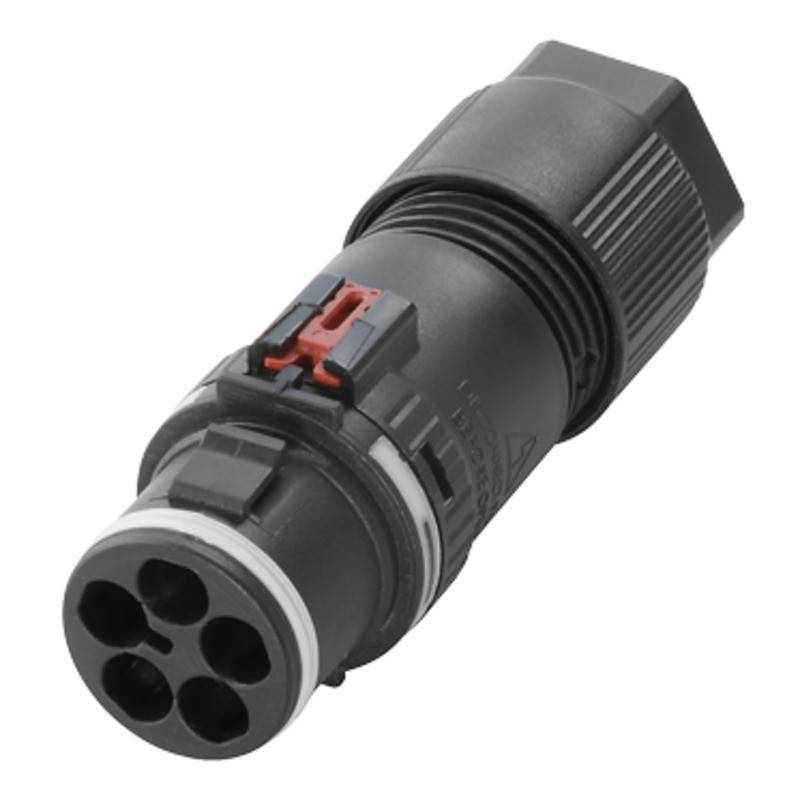 Ein elektrischer Steckverbinder mit vier kreisrunden Anschlüssen und einem schwarzen Gewindegehäuse, der für sichere Verbindungen in elektrischen Verdrahtungssystemen verwendet wird.