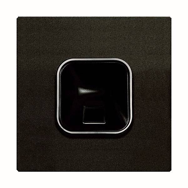 Schwarzes Quadrat mit einem zentralen, glänzenden, leicht eingesenkten Quadrat, das ein kleineres, zurückversetztes Rechteck enthält, ähnlich einem eleganten, modernen Schalter.