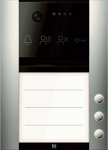 Türsprechanlage mit zwei Tasten und einem leeren Namensschild-Bereich zum Beschriften. Enthält Symbole für Alarm, Benutzer und Zugang.