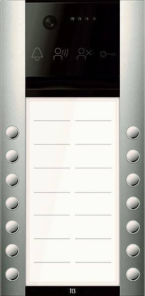 Ein Interkomsystem mit elegantem Metalldesign, das acht kreisförmige Tasten aufweist, die sich vertikal auf beiden Seiten eines zentralen Bildschirms befinden.