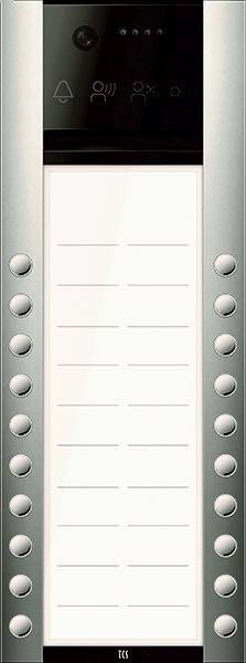 Ein metallisches Aufzugsbedienfeld mit zwei Spalten von kreisrunden Tasten auf jeder Seite und einem weißen Bereich mit horizontalen Linien in der Mitte.