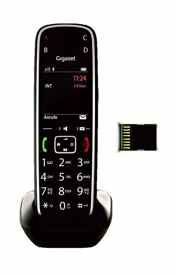 Ein schnurloses Telefon mit digitalem Display zeigt '11:24' und '14 Nov'. Daneben liegt ein USB-Stick, der die Fähigkeit zum Datentransfer anzeigt.