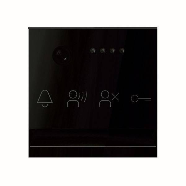 Schwarzes Quadratisches Panel mit Symbolen: Glocke, sprechende Person, durchgestrichene Person und Schlüsselloch, die Gegensprechfunktionen anzeigen.