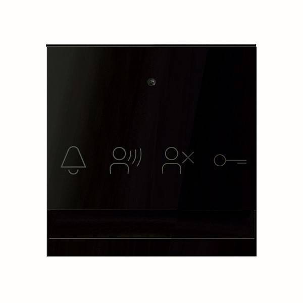 Ein schwarzes Touchscreen-Bedienfeld mit Symbolen: eine Glocke, eine Person, die spricht, eine Person mit einem 'X' und ein Schlüsselloch, die verschiedene Funktionen anzeigen.