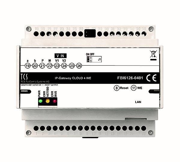 IP-Gateway CLOUD 4 WE-Gerät mit mehreren Anschlüssen und Statusanzeigen, gekennzeichnet mit 'FBI6126-0401'. Mit Reset- und Testknöpfen ausgestattet.