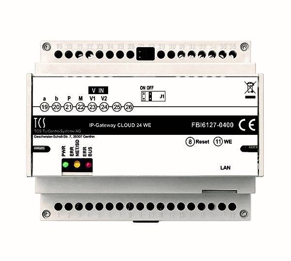 IP-Gateway CLOUD 24 WE-Gerät mit Energie- und LAN-Anzeigen, das beschriftete Anschlüsse und Reset-Optionen zeigt, verwendet für Netzwerkverbindungen.