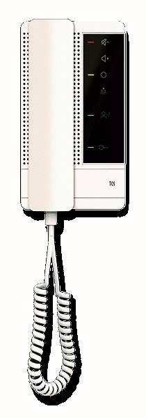 Ein weißes TCS Gegensprechanlage-System mit Handapparat hängt an einer Wand und verfügt über Tasten und einen kleinen Bildschirm.