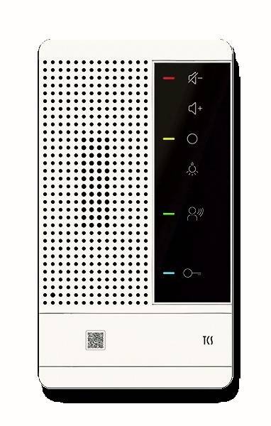 Schwarzweißes Gegensprechanlage-Panel mit Steuerungssymbolen und LED-Anzeigen für Lautstärke, Anruf, Beleuchtung und Einstellungen.