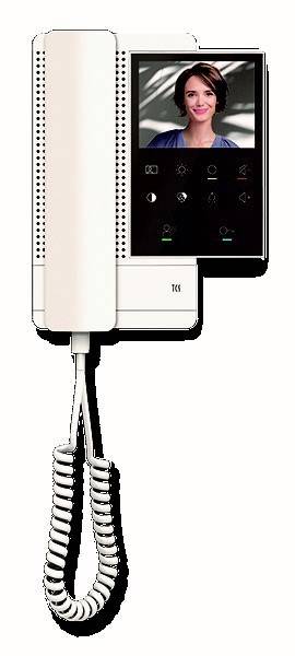 Ein weißes Gegensprechanlageninstrument mit Hörer, Tasten und digitalem Display, das typischerweise zur Kommunikation oder Zugangskontrolle verwendet wird.
