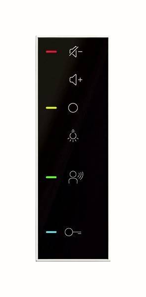Schwarzes Fernbedienungspanel mit Symbolen für Lautstärke, Ein/Aus, Helligkeit und einer Person mit Schallwellen, was auf eine Sprachfunktion hinweist.