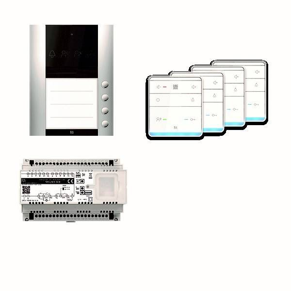 System zur Steuerung intelligenter Haushaltsgeräte mit einer wandmontierten Bedienplatte mit Tasten, einem Satz von Touchscreen-Interfaces und einer zentralen Steuereinheit.