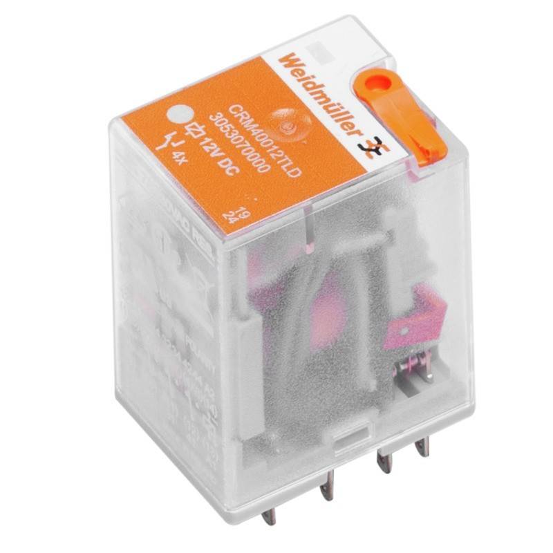 Weidmüller-Relais mit Modellnummer auf dem Gehäuse, mit sichtbaren Innenkomponenten und vier Anschlussbolzen an der Basis.