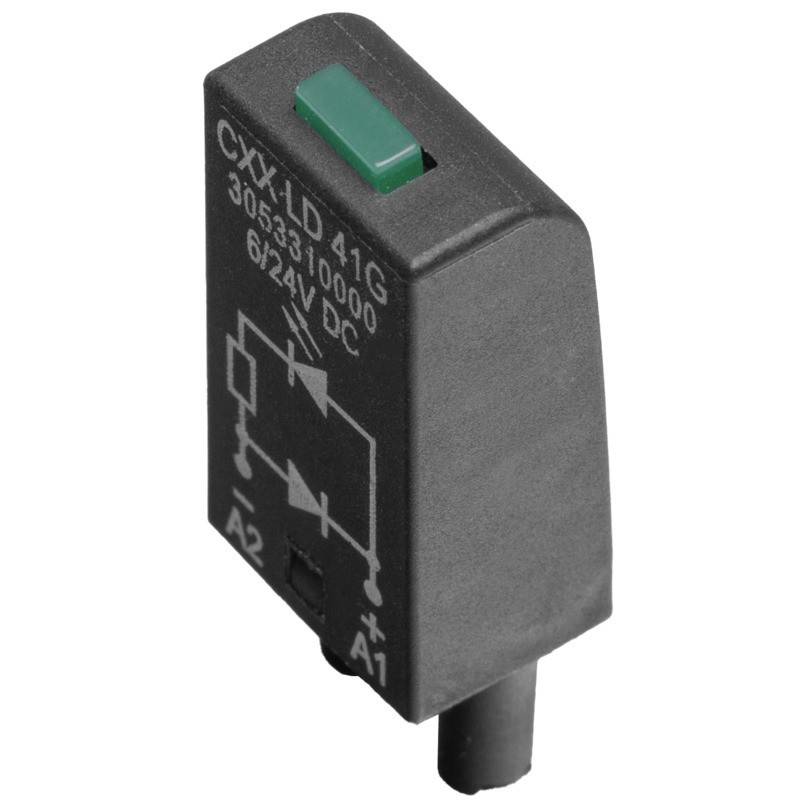 Ein rechteckiges, schwarzes Relais mit einem grünen Knopf oben. Weißes Schaltkreisdiagramm und Text 'CXX-LD 41G, 305-330-1000, 6/24V DC' auf der Vorderseite.