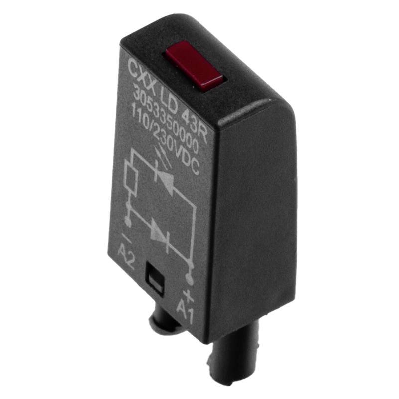 Ein schwarzes elektrisches Relais mit einem roten Indikator. Beschriftet mit 'CYX-LD 43R', es zeigt ein Schaltdiagramm und Spannungsinformationen: '110/230VDC'.