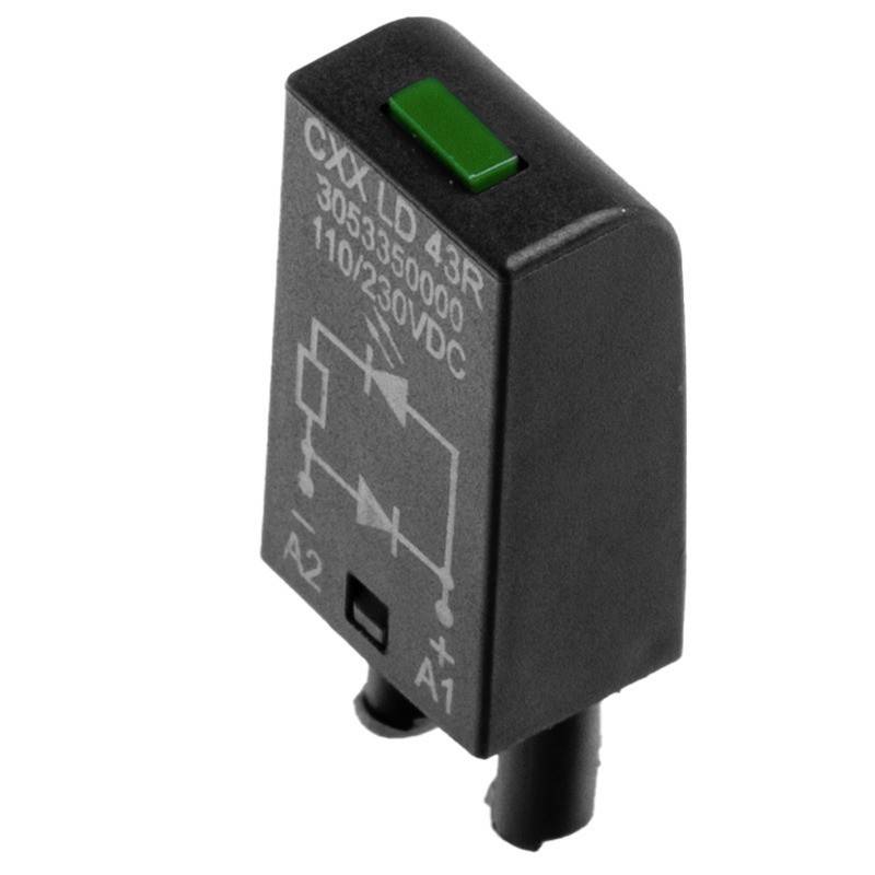 Ein schwarzes und grünes elektronisches Relaismodul mit der Beschriftung 'CZXLD 43R 30533500000 110/230VDC', an dessen Seite elektrische Schaltkreissymbole zu sehen sind.