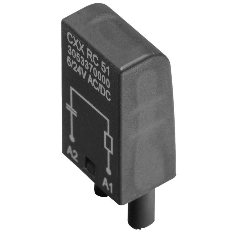 CX RC 51' schwarzes elektrisches Relais mit Schaltplan und Teilenummern auf der Oberfläche gedruckt, gekennzeichnet mit '3053370000', '6/24VAC/DC', 'A1', 'A2'.