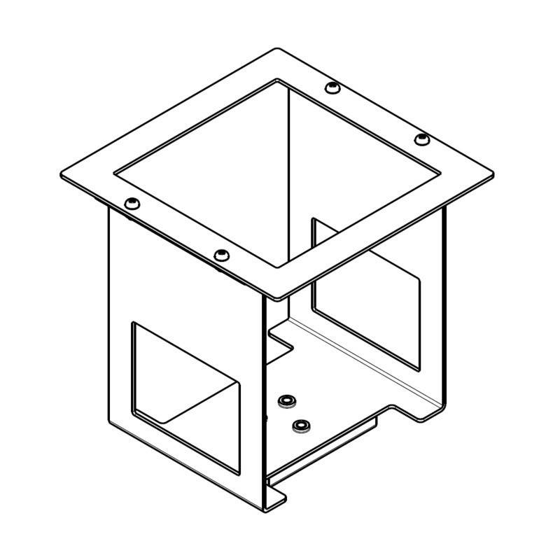 Eine Linienzeichnung einer rechteckigen Metallhalterung mit einer oberen Flansche und offenen Seiten, die zur Montage oder Unterstützung von elektronischen Bauteilen verwendet wird.