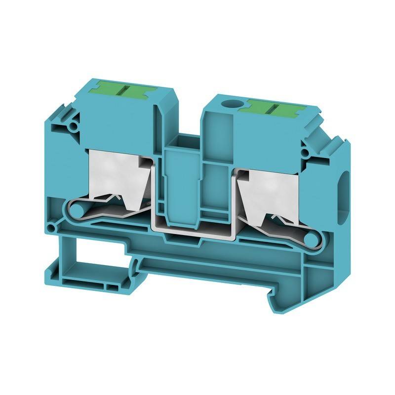 Ein blauer elektrischer Anschlussblock mit Metallkomponenten, der zum Anschließen von Drähten verwendet wird, verfügt über mehrere Anschlussports für eine sichere Befestigung.