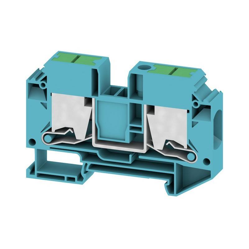 Ein blauer elektrischer Anschlussklemmenblock mit doppelten Anschlusspunkten und internen Metallkontakten, der zum Verbinden und Sichern von elektrischen Kabeln verwendet wird.