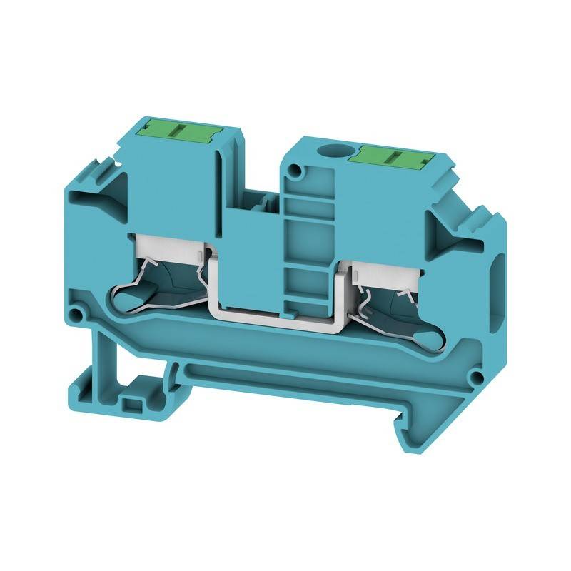 Ein türkisfarbener Klemmenblock zum Anschluss elektrischer Leitungen mit zwei grünen Klemmvorrichtungen oben und einer Montagebasis am unteren Ende.