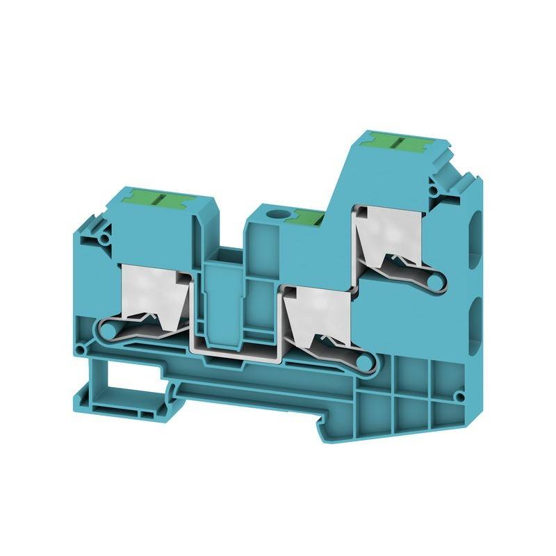 Ein blauer und grüner Klemmenblock mit schraubenlosen Anschlusspunkten und Mantelbefestigungen ist für sichere und effiziente elektrische Installationen konzipiert.