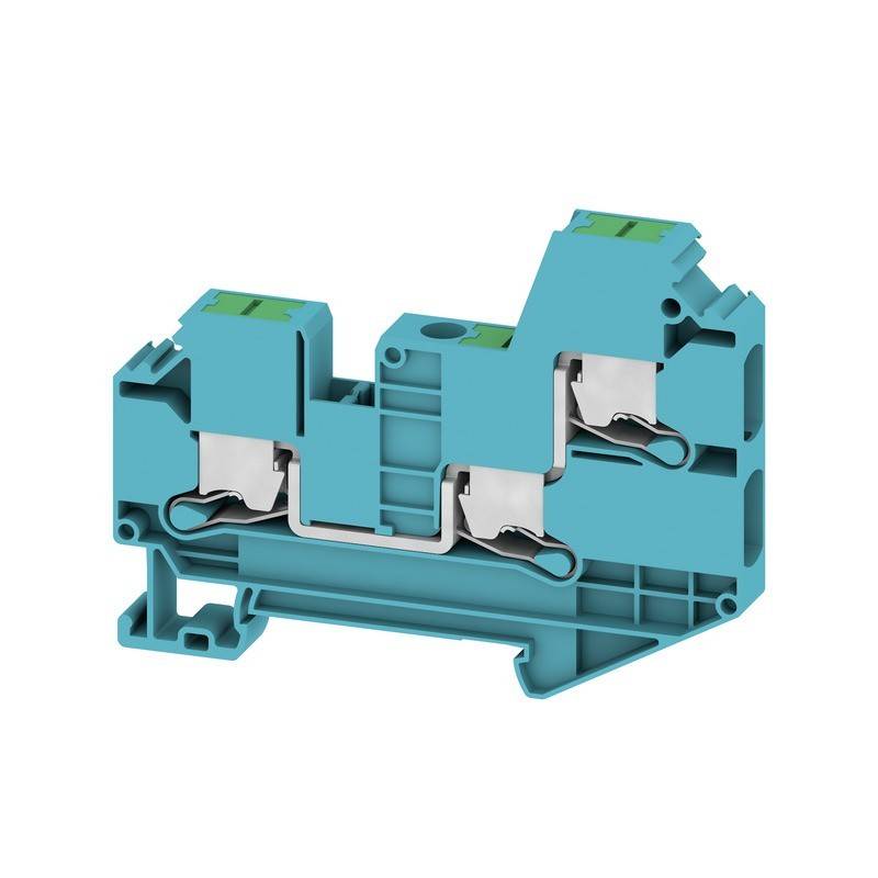 Ein blauer elektrischer Klemmenblock mit zwei Anschlusspunkten, von der Seite dargestellt, ausgestattet mit Metallfederklemmen zum Sichern von Drähten.