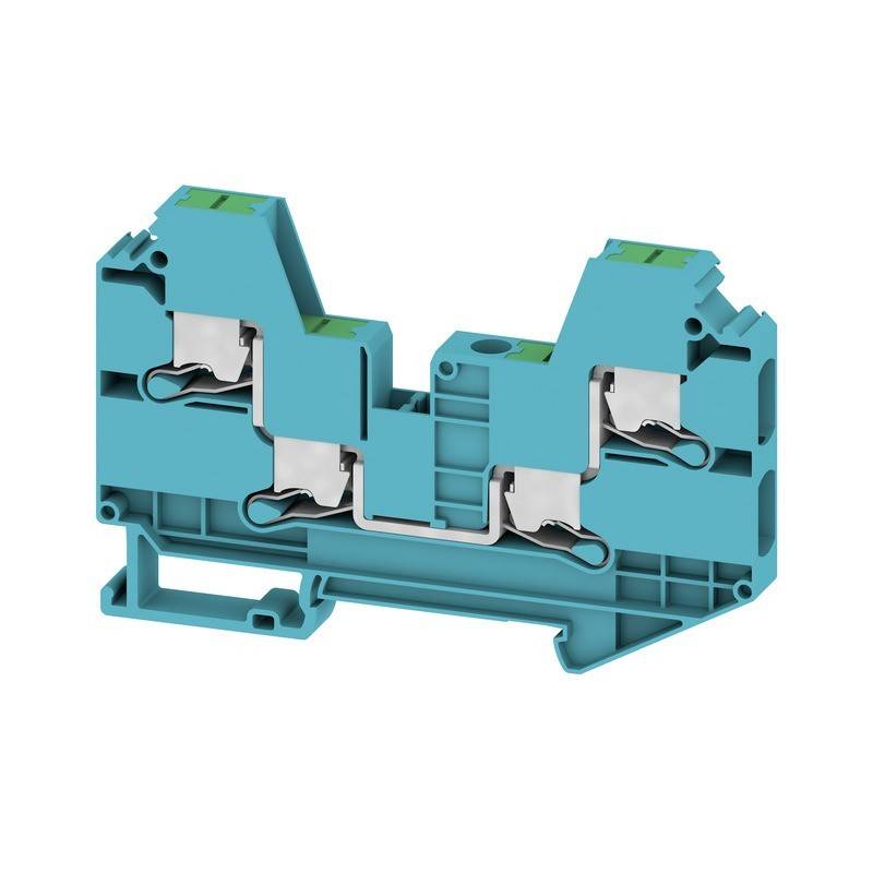 Ein blauer elektrischer Anschlussblock zum Verbinden und Sichern von elektrischen Leitungen, ausgestattet mit Metallclips und mehreren Anschlusspunkten.