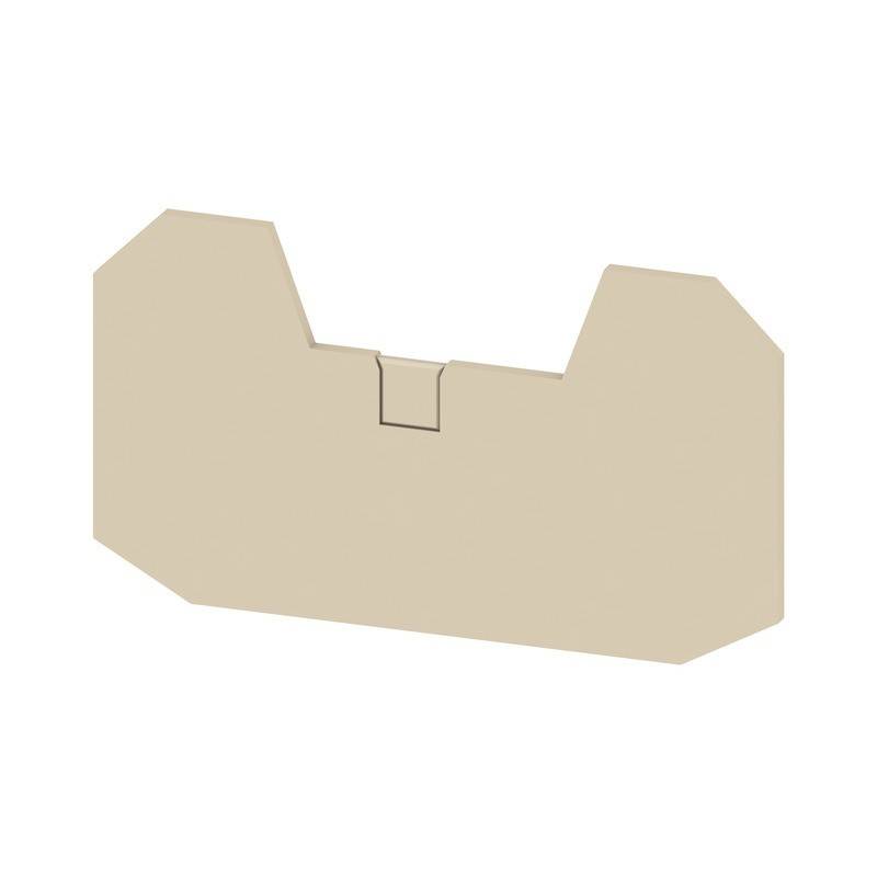 Eine flache, beige, geometrische Form mit symmetrischen Ausschnitten an den oberen Kanten und einem zentralen Laschen, die an eine Verpackung oder einen Kartoneinschub erinnert.