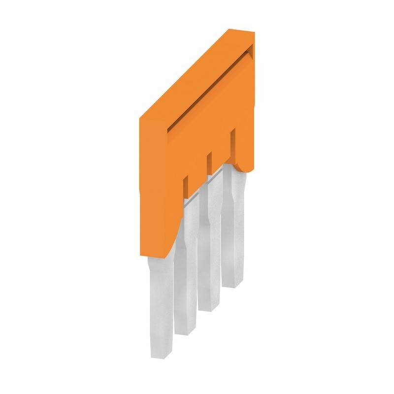 Ein orangefarbener Plastik-Terminalblock-Jumper mit fünf Metallstiften, der zum Verbinden elektrischer Schaltkreise in Blockkonnektoren verwendet wird.