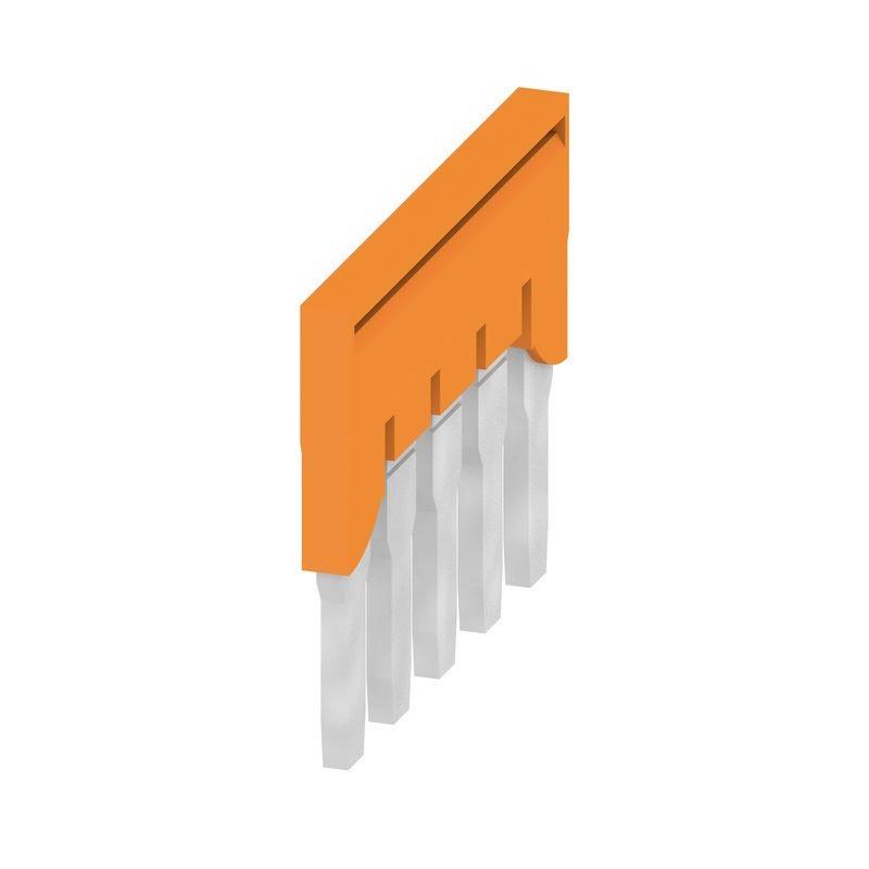 Ein orangefarbener Anschluss mit mehreren silbernen Pins, entwickelt für elektronische Verbindungen, auf einem weißen Hintergrund.