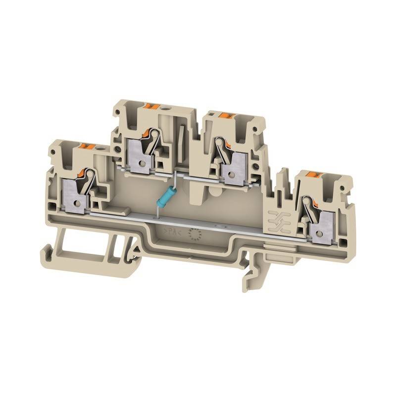 Ein beiger elektrischer Klemmenblock mit metallischen Anschlüssen und orangefarbenen Hebeln, konzipiert für Drahtverbindungen in einer industriellen Umgebung.