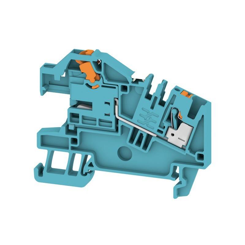 Ein blauer Elektroklemmenblock mit orangefarbenen Komponenten, der interne Verbindungen und Struktur für Verdrahtungsanwendungen zeigt.