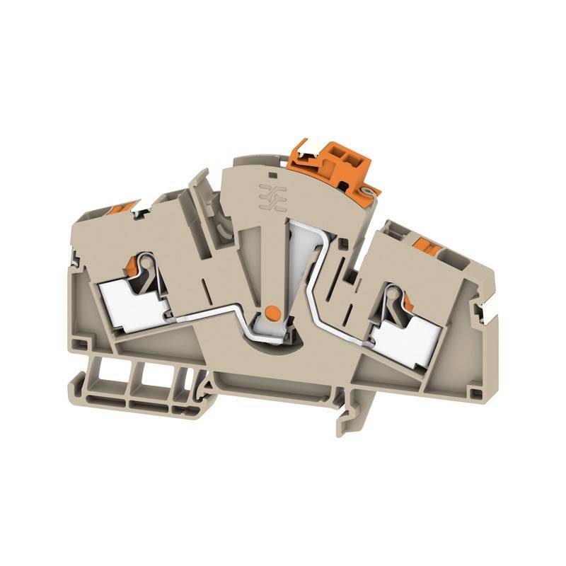 Ein beiger und orangefarbener elektrischer Anschlussblock mit drei Anschlusspunkten, der interne Verbindungen und Kabelwege hervorhebt.