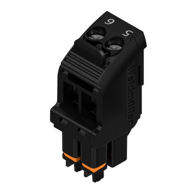 Schwarzer Weidmüller Elektroanschluss mit zwei Eingangsbuchsen, die mit '5' und '6' beschriftet sind, mit orangefarbenen Akzenten und kompakter Bauweise.