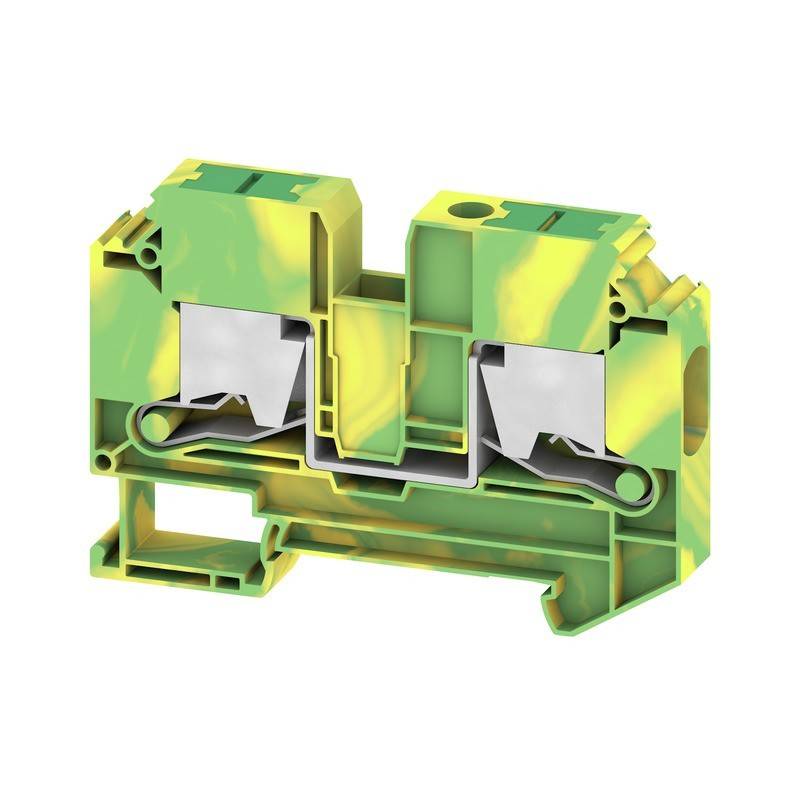 Ein grün-gelbes mechanisches Gerät mit zwei Metallklammern, höchstwahrscheinlich ein Klemmenblock, der zum Verbinden von elektrischen Leitungen verwendet wird.