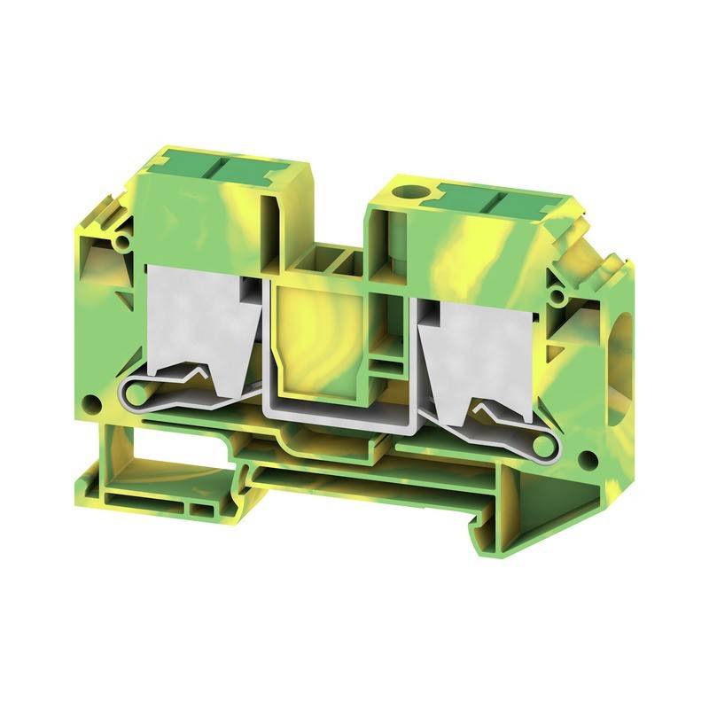 Ein grüner und gelber Klemmenblock aus Kunststoff mit Metallverbindern, der zum Verbinden von elektrischen Leitern in Schaltungsanordnungen verwendet wird.