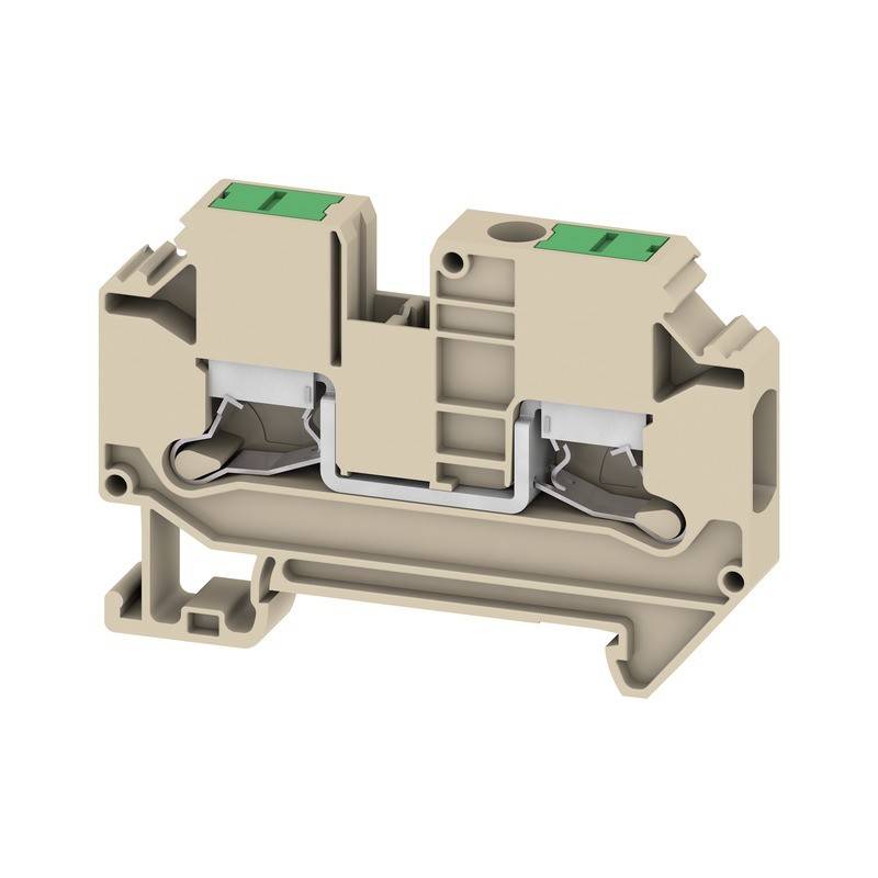 Ein beiger Elektroanschlussblock mit zwei grünen Verbindungspunkten oben, der zum Sichern und Organisieren von elektrischen Kabeln verwendet wird.