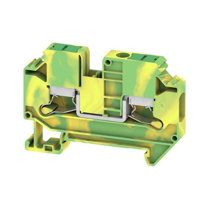 Ein grün-gelber Elektroklemmenblock, der zum Anschluss elektrischer Schaltkreise dient, wird isoliert vor einem weißen Hintergrund dargestellt.