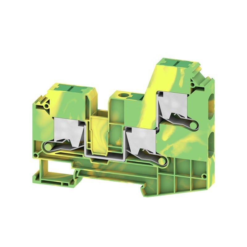 Ein gelber und grüner elektrischer Anschlussblock mit sichtbaren Metallverbindern, der zum Befestigen von elektrischen Kabeln verwendet wird.