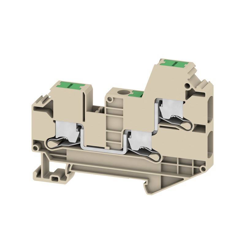 Ein beiger elektrischer Anschlussklemmenblock mit zwei Metallklammern und grünen Komponenten an der Oberseite, der zum Sichern und Verbinden von Kabeln verwendet wird.